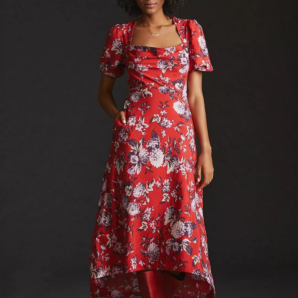 NWT Maeve by Anthropologie Red Floral Puff Sleeve Midi Dress Size 4